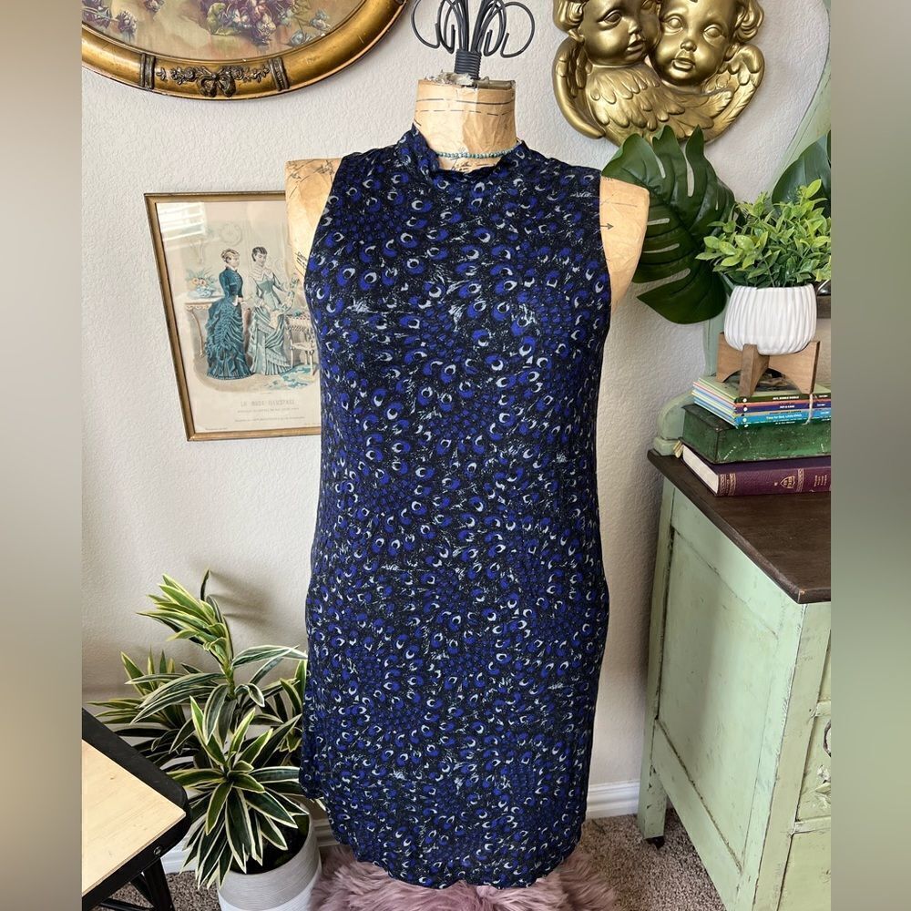 Kensie NWT Black Blue Peacock Feather Stretch Mock Neck Sleeveless Dress Sz S